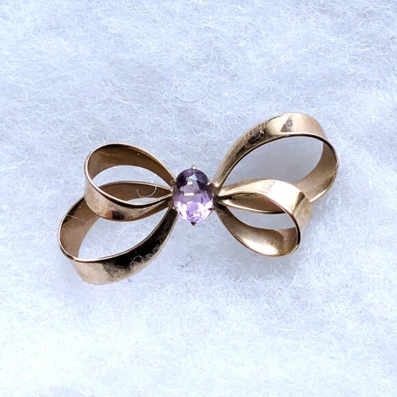 Vintage Designer Winard Signed 12K Yellow Gold Filled Amethyst Bow Brooch Pin - Picture 2 of 9